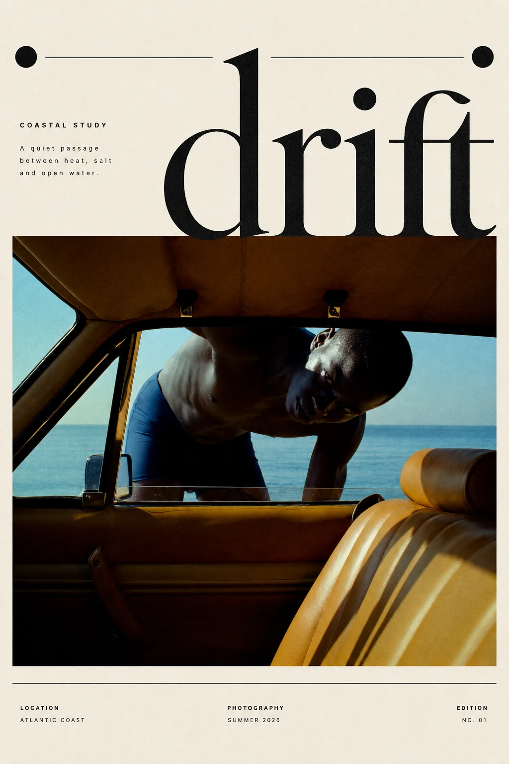 Drift — coastal editorial cover with oversized serif wordmark