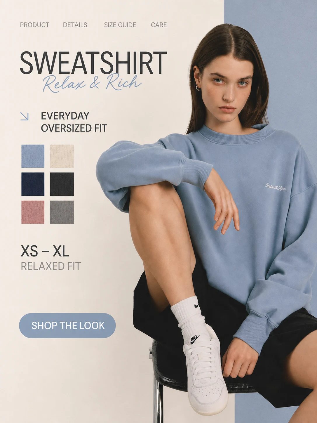 Sweatshirt Drop — split e-com layout with swatches and CTA