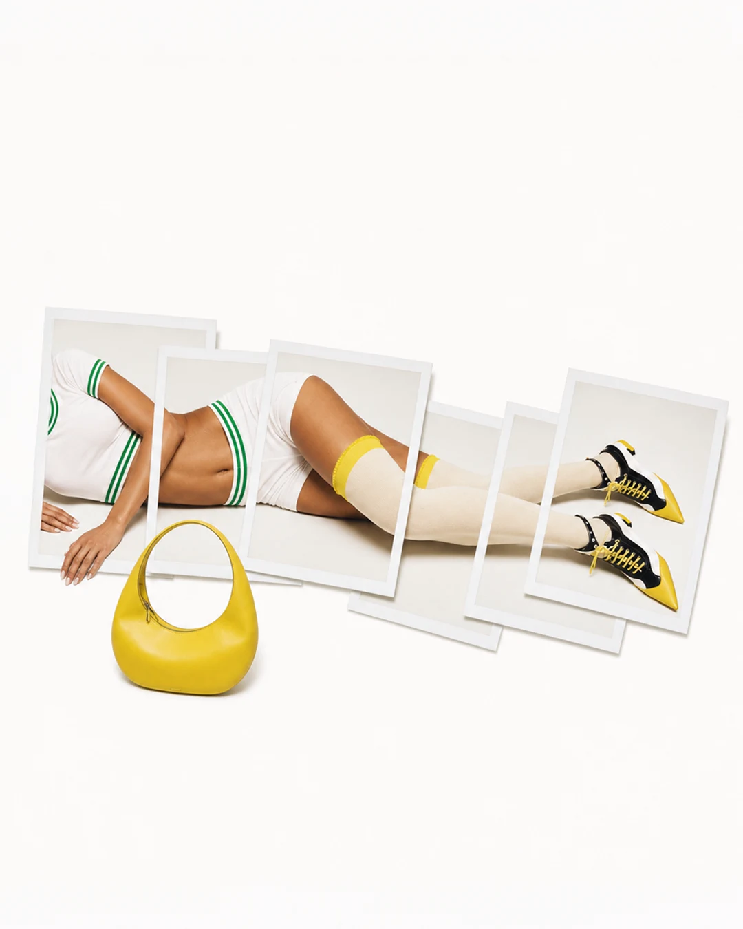 Half Moon Bag — overlapping polaroids forming a reclining figure with a yellow leather bag