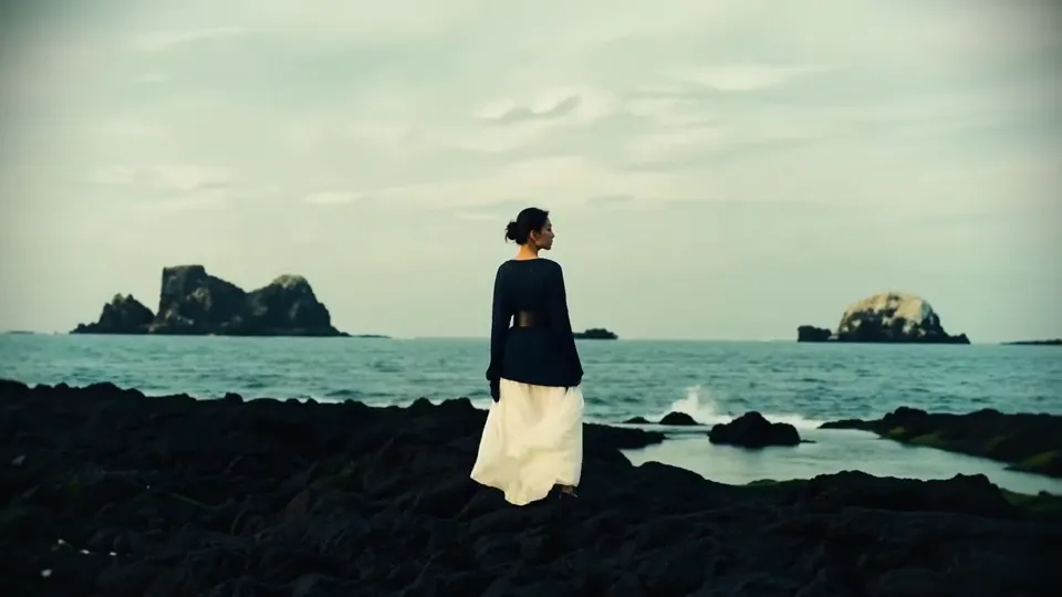 Coastal editorial, figure on volcanic rock